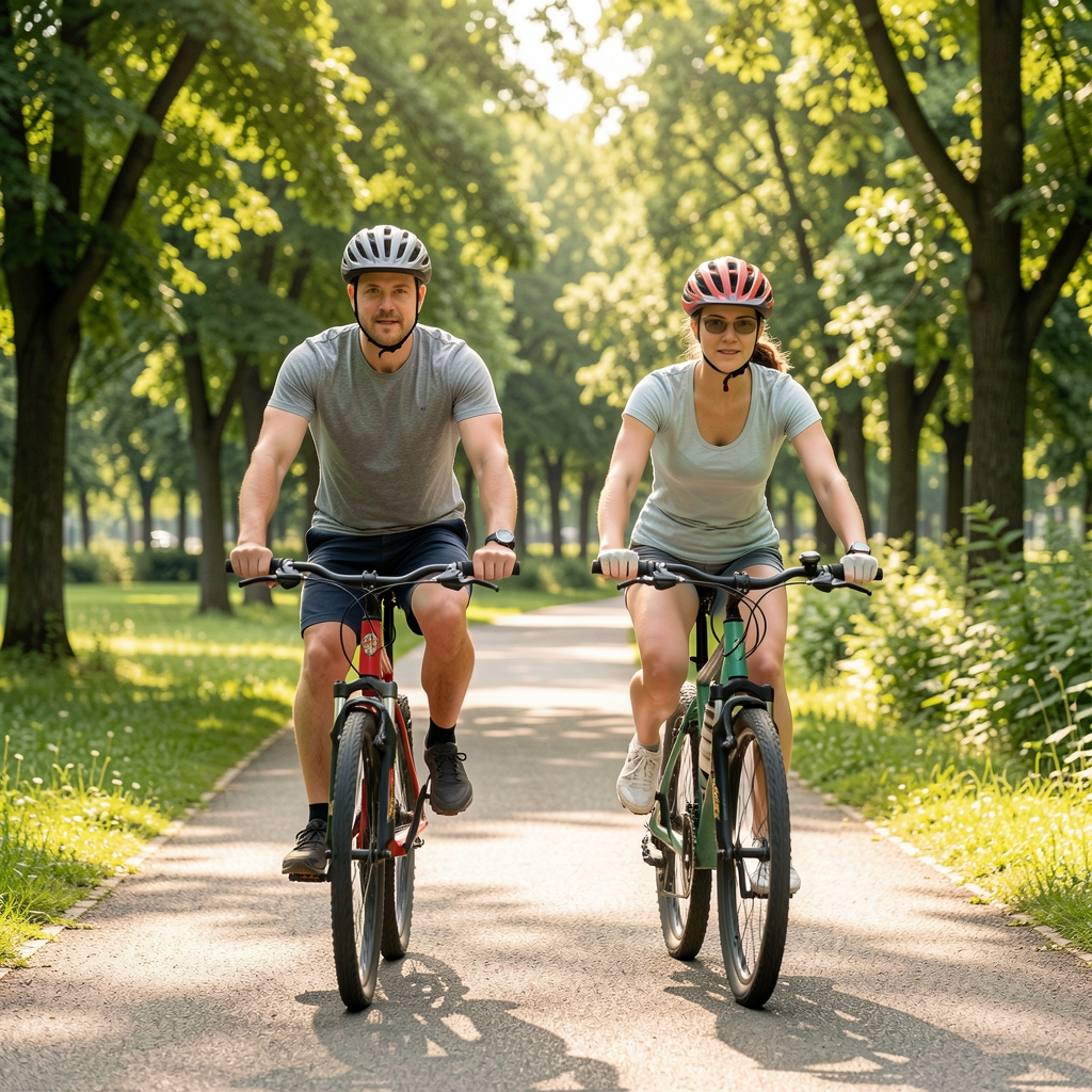 Dve osobe u laganom biciklizmu po parkovskom putu okruženom zelenilom, casual sportska odeća, sunčano jutro bez takmičarskog konteksta