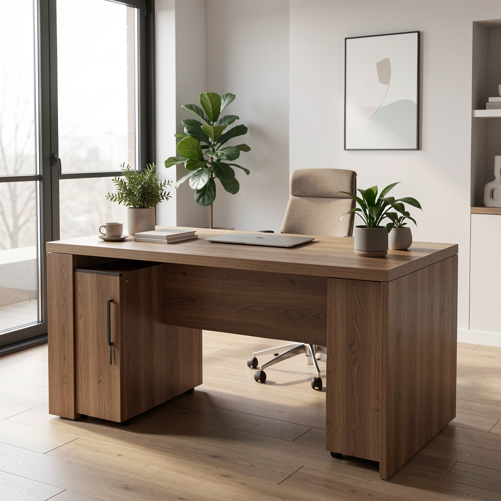 Administrativni sto u urednoj kancelariji sa drvenom površinom, biljkama i minimalističkim dekorom, prirodno svetlo ulazi kroz prozor