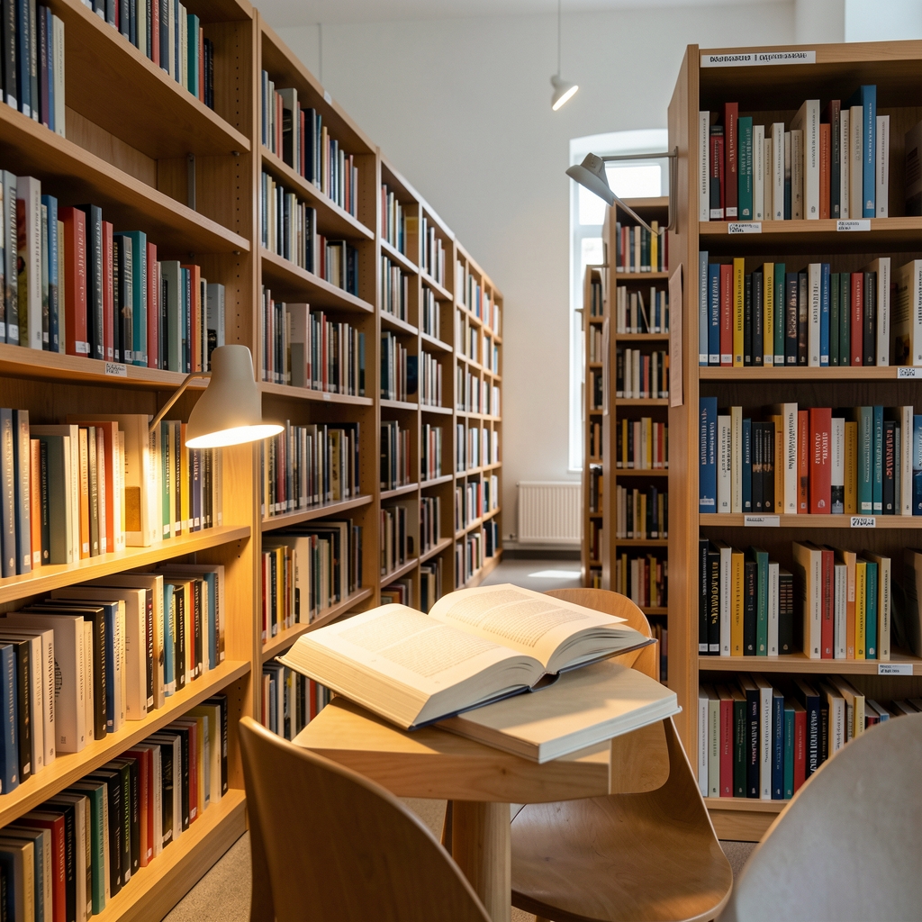 Moderna čitaonica sa bibliotečkim policama pune knjiga, mirna atmosfera istraživanja, topla lampa baca svetlo na otvorenu stranicu