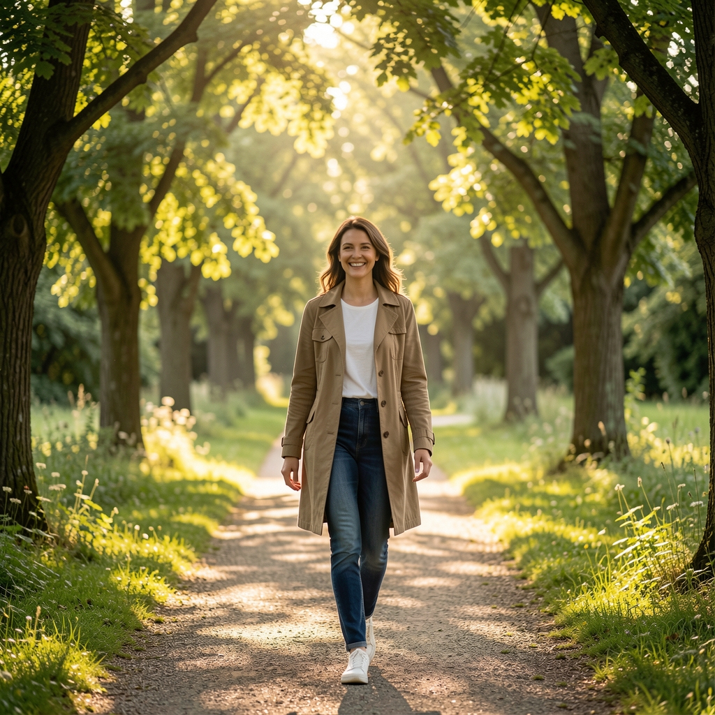 Žena u mirnijoj sredini vrtne staze koja hoda sa osmehom, sunčeva svetlost prolazi kroz lišće drveća, opušten tempo šetnje