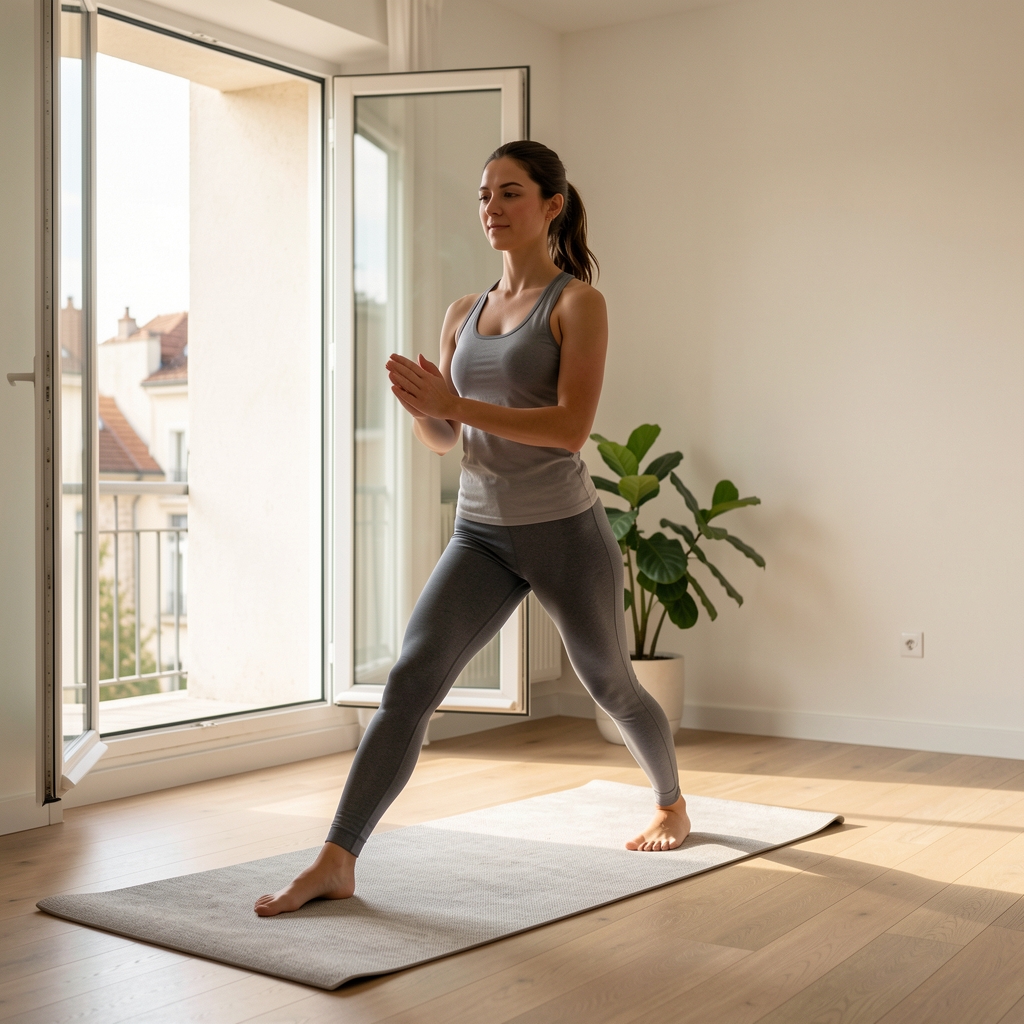 Žena u miru praktikuje jutarnju jogu na tepihu pored otvorenog prozora u svetloj prostoriji, prirodno jutarnje svetlo, miran ambijent